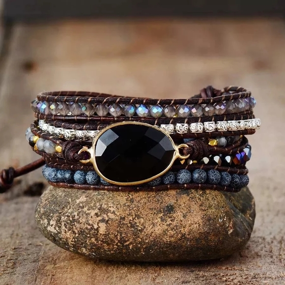 Boho Black Obsidian Leather & Natural Gemstones Wrap Bracelet - Picture 7 of 8